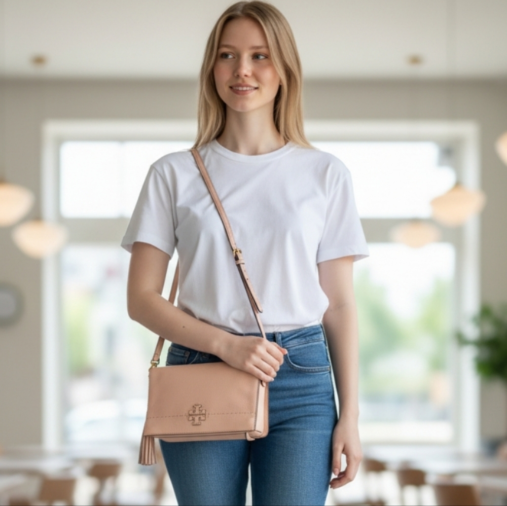 Tory Burch Thea Foldover Crossbody In Light Pink- Width 11"